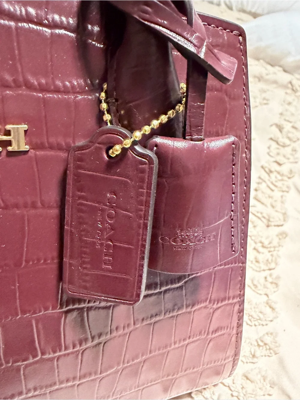 Coach Croc-Embossed Wine Mini Satchel with Cherry Charm
